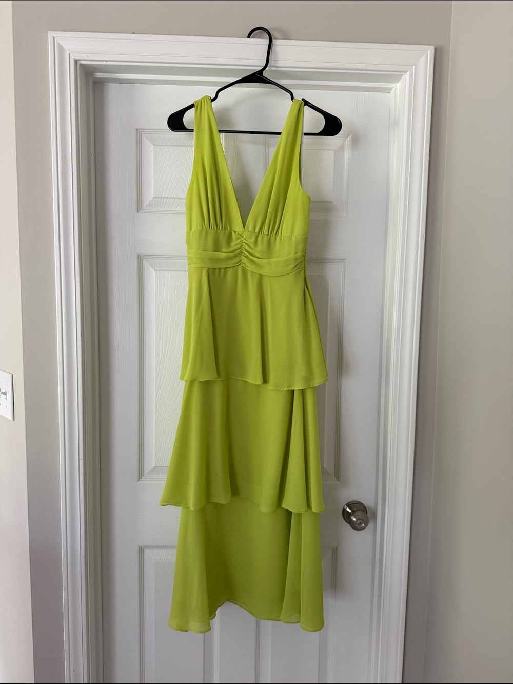Lulu's Lime Green High-Low V-Neck Tiered Dress